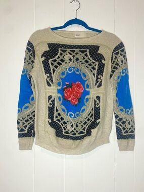 Women’s Beige Sweater with Blue, gold, black and Rose Motif